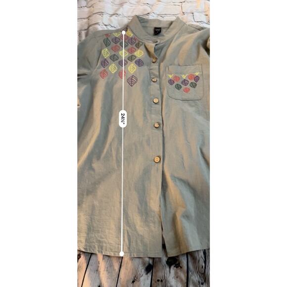 Emery Rose Khaki Olive Green Embroidered Button Top Bohemian Blouse Small - Picture 7 of 7
